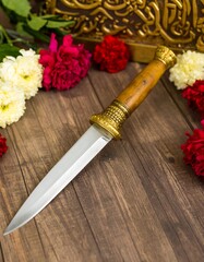 Dagger on Wooden Surface with Flowers