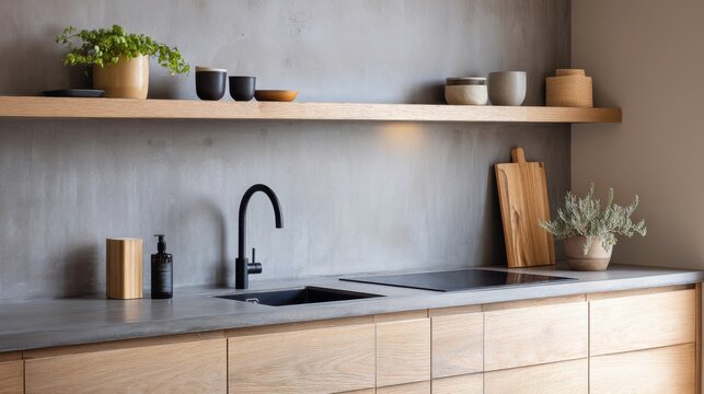 japandi brutalist kitchenette, handleless oak fronts, concrete countertop and backsplash, matte black faucet, integrated LED under shelf, daylight
