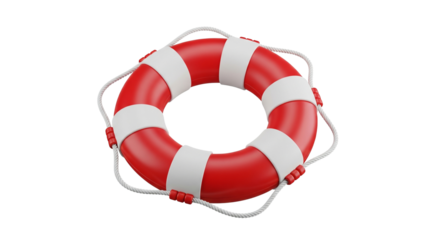 A red and white lifebuoy with rope isolated on transparent background, a vital piece of safety equipment for water rescue, providing flotation and support in emergency situations at sea or by the coas
