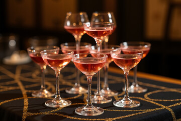Elegant champagne cocktails arranged on a black tablecloth  