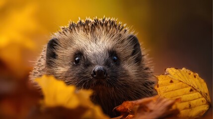 Fototapeta premium Close-up of a hedgehog amongst autumn leaves.