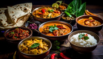 Assorted Indian curries and rice dishes are showcased in rich, vibrant colors, arranged on a dark wooden surface, creating a visually appealing presentation of flavorful foods.