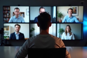 Engaged individual sitting at center of screen displaying multiple participants in video conference webinar meeting