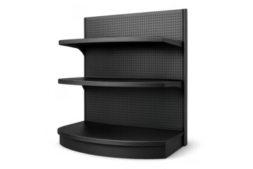 Empty black rounded retail shelves on transparent background waiting for products