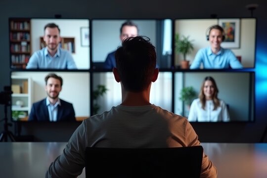 Engaged individual sitting at center of screen displaying multiple participants in video conference webinar meeting - Powered by Adobe