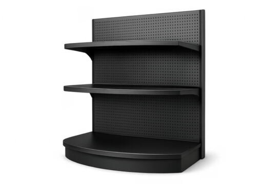 Empty black rounded retail shelves on transparent background waiting for products