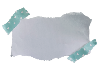 Torn white paper with decorative blue tape on corners. The background is plain and emphasizes the paper's texture and edges.