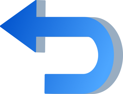 Gradient blue 3D undo arrow pointing backward isolated on transparent background .