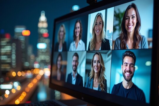 Professionals Engage in Virtual Meeting Against Nighttime City Background