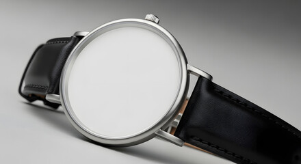Fototapeta premium Minimalist Watch with Blank White Face and Black Leather Strap on Gray Background