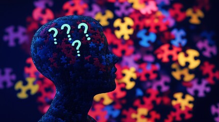 Person with puzzle piece on their head. Video of young girl playing puzzle with a human in a silhouette. Exploration of the shallow depth of field on national puzzle day. Someone lifestyle wearing a.