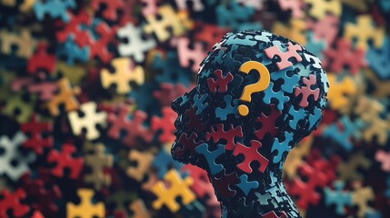 Person with puzzle piece on their head. Video of young girl playing puzzle with a human in a silhouette. Exploration of the shallow depth of field on national puzzle day. Lifestyle someone wearing a.