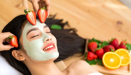 A woman receives a facial treatment with a light green clay mask and fresh strawberries, creating a relaxing and rejuvenating spa experience.