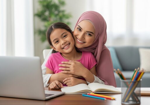 A mother wearing hijab hugs her daughter while sitting at a desk with a laptop - Powered by Adobe