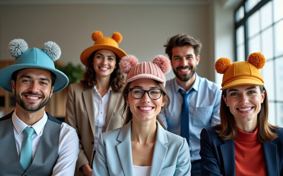 Virtual Meeting of Business Professionals Sporting Quirky Hats to Showcase Individuality