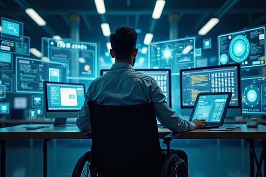 Man in Wheelchair Engaged with High-Tech Holographic Interface of Multiple Devices and Screens