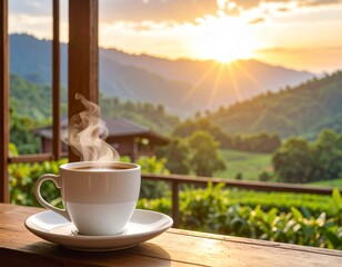 Generatimagem de x&iacute;cara branca de cafe quente com fuma&ccedil;a aparecendo e paisagem da janela com montanhas ao fundo com a iluminacao de por do soled image