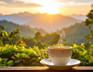 x&iacute;cara branca de cafe quente com fuma&ccedil;a aparecendo e paisagem da janela com montanhas ao fundo com a iluminacao de por do sol