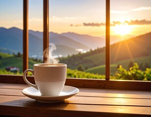 Generatimagem de x&iacute;cara branca de cafe quente com fuma&ccedil;a aparecendo e paisagem da janela com montanhas ao fundo com a iluminacao de por do soled image