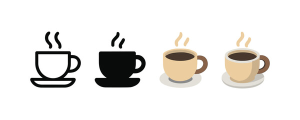 Four styles of coffee cup designs with steam: outline, silhouette, minimal, and 3d