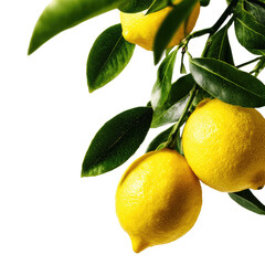 Ripe yellow lemons hanging on a tree branch with fresh green leaves