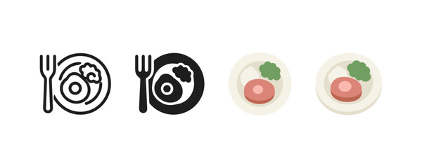 Breakfast icons featuring outline and filled style variations of eggs and bacon with fork