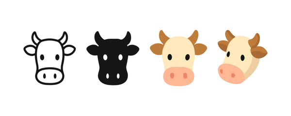 Cow icons set: outline, silhouette, colorful designs for farm and dairy themes