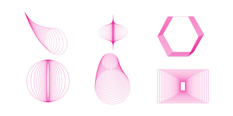 Various pink geometric shapes composed of lines on a white background creating abstract designs
