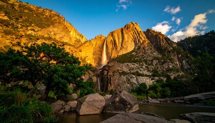 Majestic waterfall cascading down golden cliffs at sunrise.