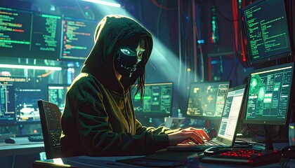 A masked hacker sits hunched over a laptop in a dark, futuristic computer room, surrounded by glowing monitors displaying lines of code.