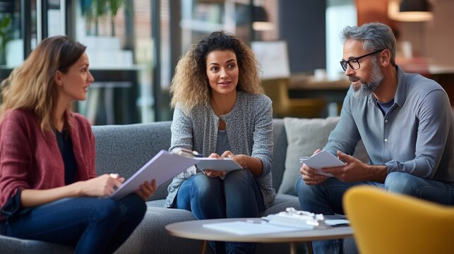 Group of people sitting around table. Professional setting a realistic proposal in an office. A teamwork report on financial projects and ongoing conversations. A gathering of individuals lifestyle.