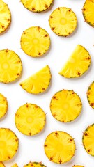 Pineapple slices arranged on a white background.  Fresh and vibrant