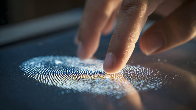 Fingers touching a digital fingerprint , biometrics