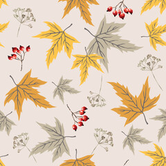 Autumn maple leaves, red berries, beige background. Vector seamless pattern. Fall season illustration. Nature design