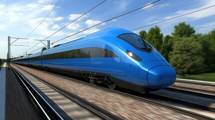 Fototapeta premium A sleek blue high-speed train in motion on railway tracks under a clear sky.