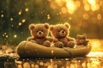 Two cute teddy bears are seated on a yellow inflatable raft floating on a tranquil lake, with a magical bokeh background created by warm golden sunlight reflecting on the water
