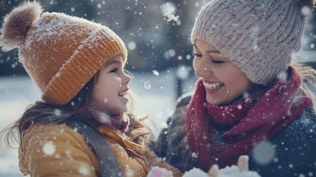 Mother and her daughter playing in the snow. Mother and daughter watch a realistic video of their family time. A girl and her daughter play in the snow on a playground in winter. A lifestyle mother. - Powered by Adobe