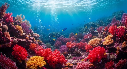 Obraz premium Explore the vibrant coral reef ecosystem with colorful fish and marine life swimming in crystal blue waters