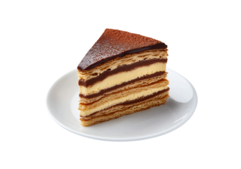 A rectangular slice of French thin layer cake with chocolate on top, placed in the center of a white plate, isolated on a transparent background in PNG format.