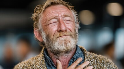 Senior businessman with closed eyes and hand on heart expressing gratitude in a bright office