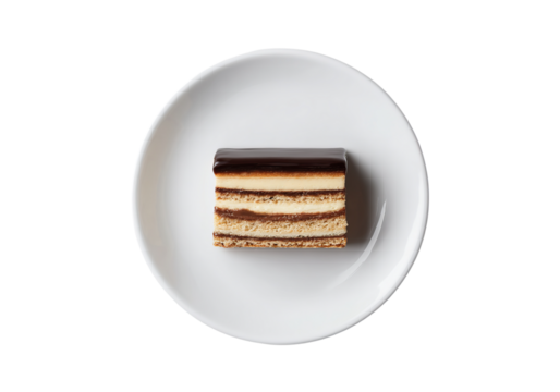 A rectangular slice of French thin layer cake with chocolate on top, placed in the center of a white plate, isolated on a transparent background in PNG format.