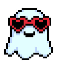 A pixelated charming ghost donned with fashionable heart-shaped sunglasses exudes a lighthearted and playful vibe. perfect for any project.