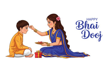 Sister applies tilak to brother on bhai dooj festival celebrating sibling bond and love. editable abstract vector illustration design. beautiful Bhai dooj festival.