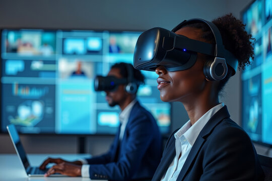 African American business professionals utilizing virtual reality technology for a futuristic digital video conference meeting.