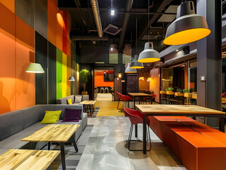 A colorful and stylish restaurant interior with bright contemporary furniture, cozy lighting, and an inviting ambiance, designed for a fun dining experience and a relaxed social atmosphere.