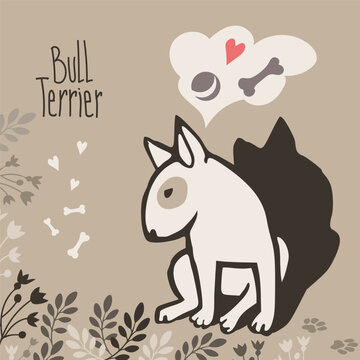 Funny bull terrier in primitive flat style sitting awkwardly. Beige background with bones, hearts, and branches.
