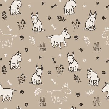 Seamless pattern with white and beige bull terriers on dark background. Primitive style with paws and leaves.