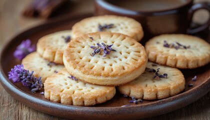 Delicious lavender shortbread cookies sit on a wooden plate near coffee. Use for baking blogs, dessert recipes, tea party themes or pastry shops.