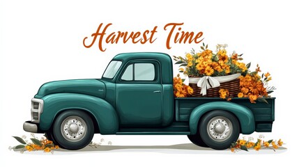 Vintage harvest truck illustration with autumn pumpkins rustic seasonal design
