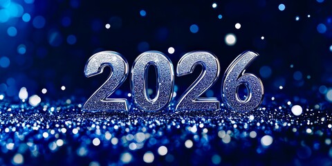 Sparkling 2026 holiday typography with glowing blue reflection lights background